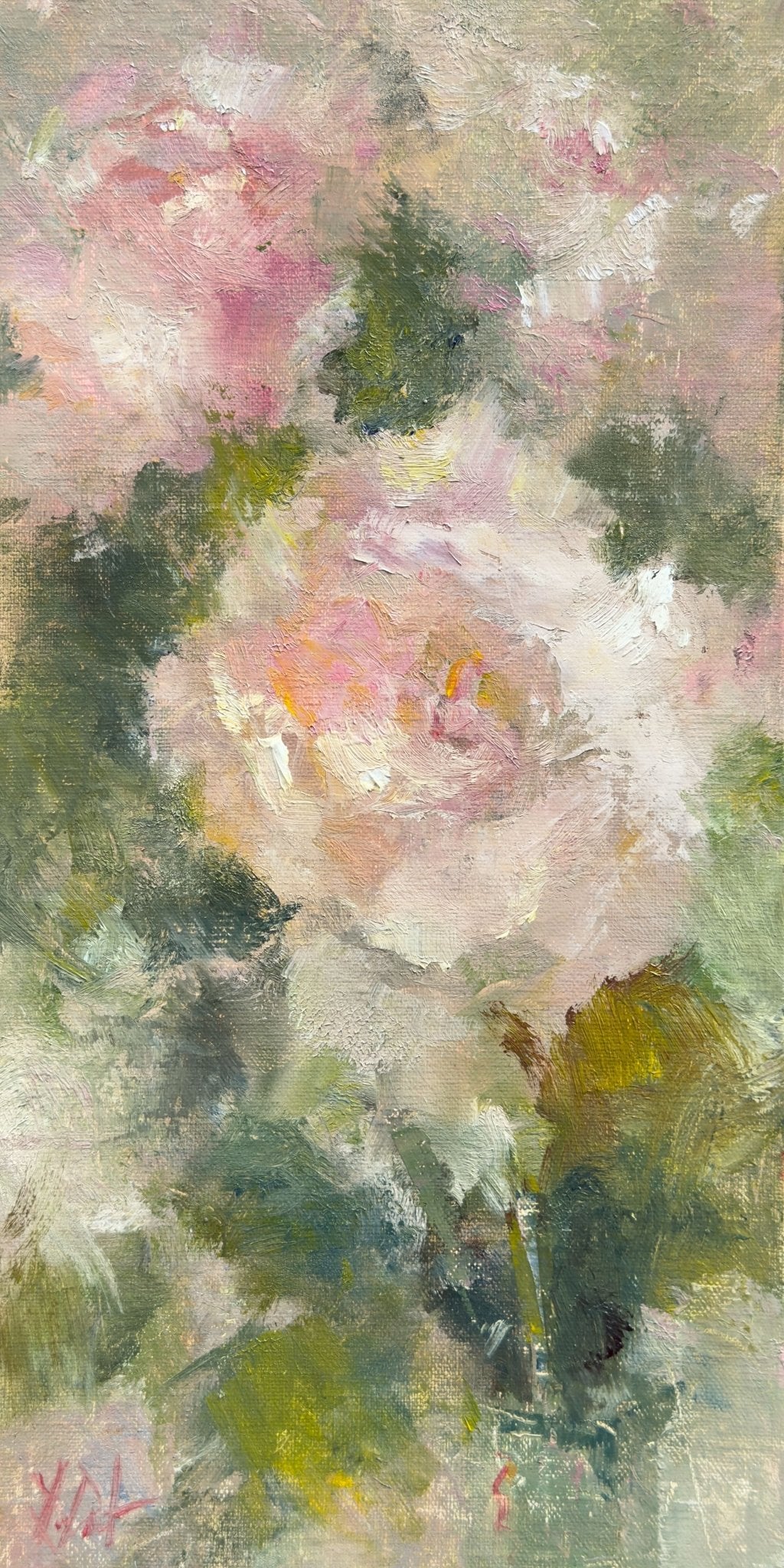 Pink Roses in Green Glass - by artist Lamya Deeb – Turner Fine Art