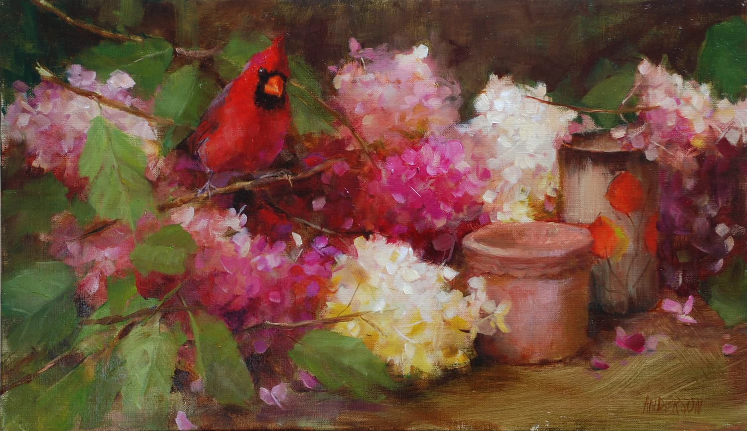 Cardinal with Pink Hydrangea - by artist Kathy Anderson – Turner Fine Art