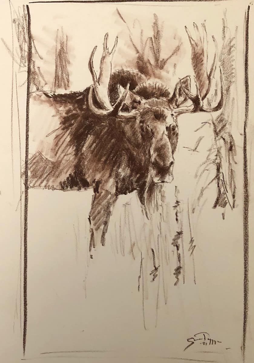 Moose Encounter Sketch - by artist Gunnar Tryggmo – Turner Fine Art