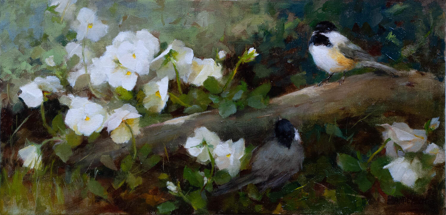 White Pansies and Two Chickadees - by artist Kathy Anderson – Turner Fine Art