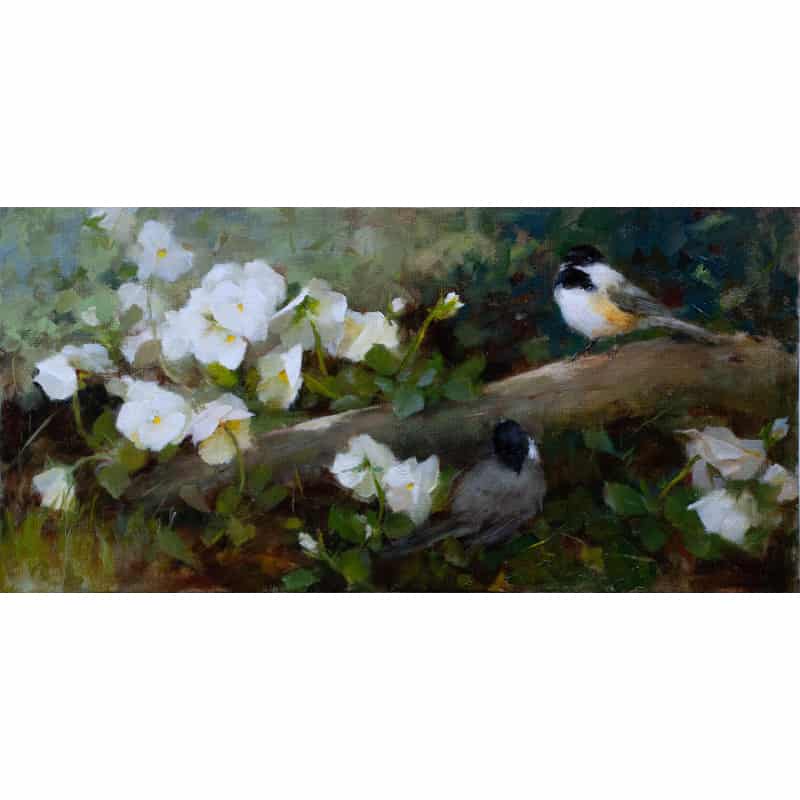 White Pansies and Two Chickadees